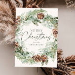 Rustic Watercolor Pine Cone Wreath Non-Photo シーズンカード<br><div class="desc">Elegant holiday card featuring a watercolor wreath of pinecones,  pine boughs,  and lush greenery with a light cream background. "Merry Christmas" is displayed in a dark green script with your name shown below. The non-photo holiday card reverses to display your personal message on a dark green background.</div>