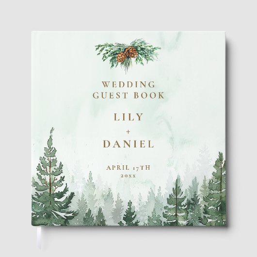 Rustic Watercolor Pine Forest Photo Wedding ゲストブック (正面)