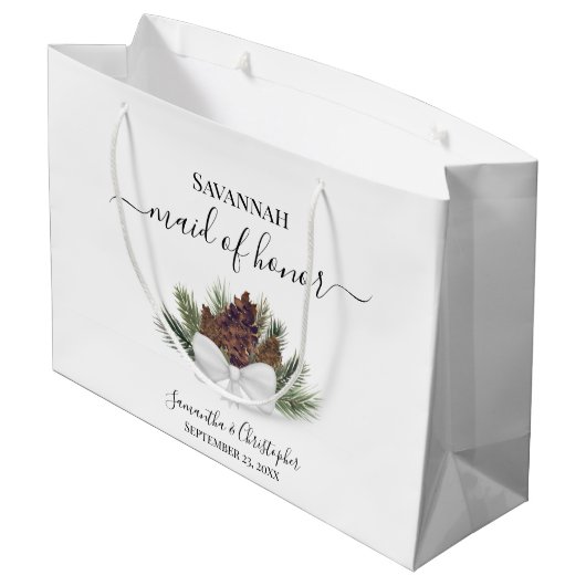 Rustic Watercolor Pinecones Wedding Maid of Honor ラージペーパーバッグ (裏面アングル)