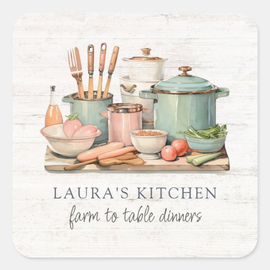 Rustic Watercolor Pots Pans Food Kitchenware スクエアシール (正面)