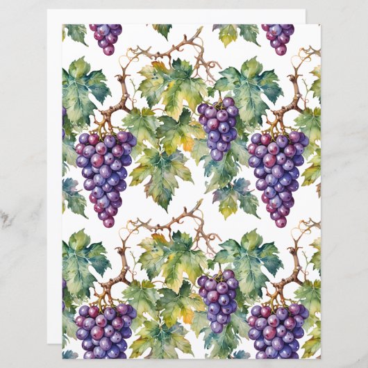 Rustic Watercolor Purple Grapes and Vineyard Paper (正面/裏面)
