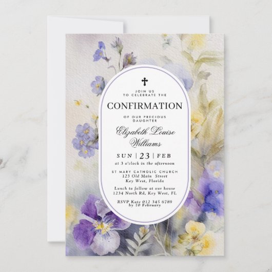 Rustic Watercolor Purple & Yellow Confirmation 招待状 (正面)