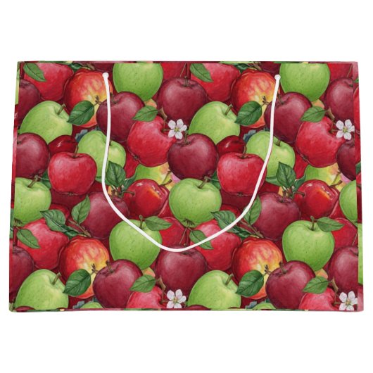 Rustic Watercolor Red and Green Apple pattern ラージペーパーバッグ (正面)