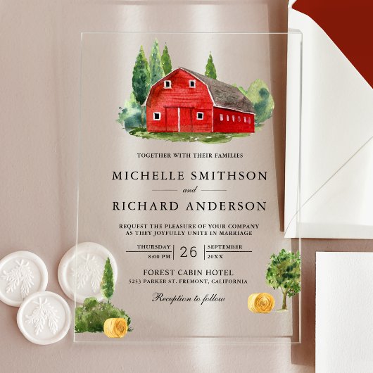 Rustic Watercolor Red Barn Rural Farm Wedding アクリル招待状