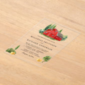Rustic Watercolor Red Barn Rural Farm Wedding アクリル招待状 (レイダウン)