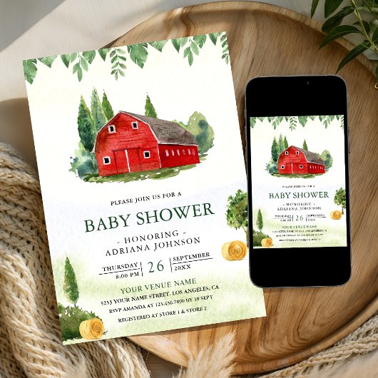 Rustic Watercolor Red Barnyard Farm Baby Shower 招待状