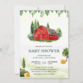 Rustic Watercolor Red Barnyard Farm Baby Shower 招待状 (正面)