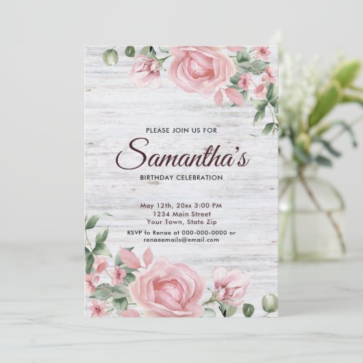 Rustic Watercolor Rose Birthday Party  招待状 (スタンド正面)