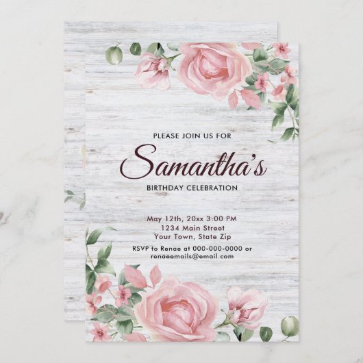 Rustic Watercolor Rose Birthday Party  招待状 (正面/裏面)