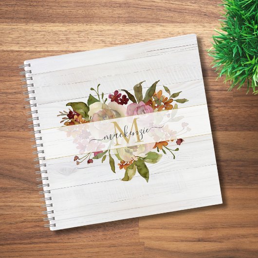 Rustic Watercolor Rose Bouquet Monogram ノートブック