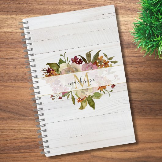 Rustic Watercolor Rose Bouquet Monogram ノートブック