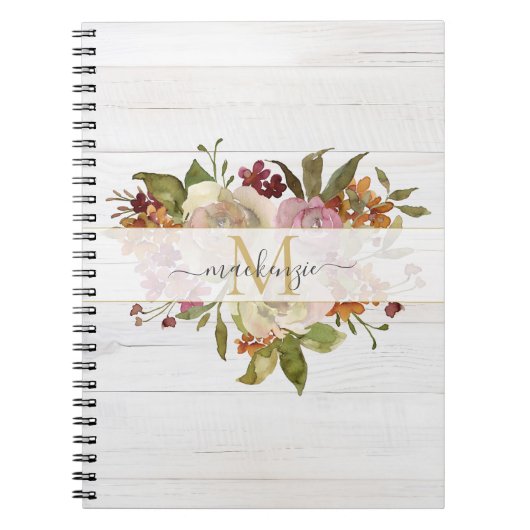 Rustic Watercolor Rose Bouquet Monogram ノートブック (正面)