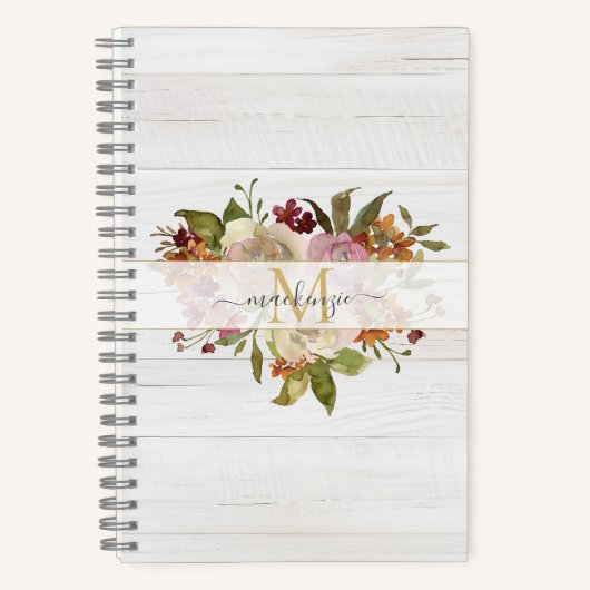 Rustic Watercolor Rose Bouquet Monogram ノートブック (正面)