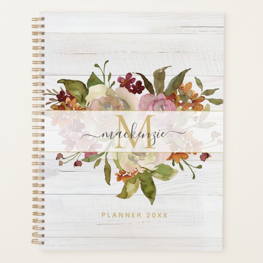 Rustic Watercolor Rose Bouquet Monogram プランナー手帳 (正面)