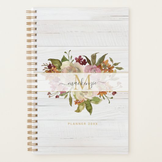 Rustic Watercolor Rose Bouquet Monogram プランナー手帳 (正面)