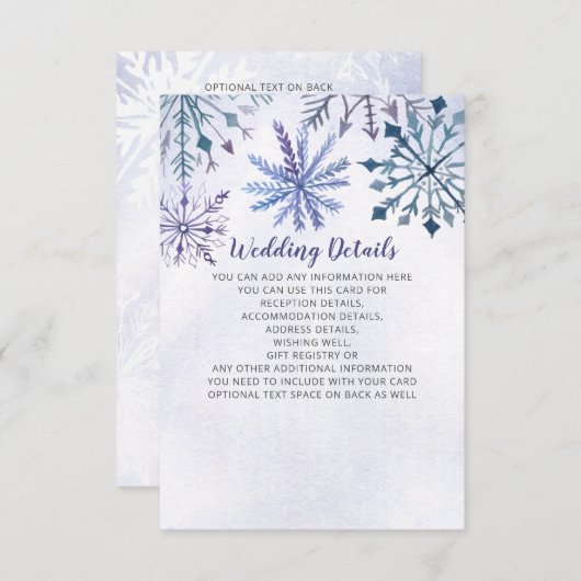 Rustic Watercolor Snowflakes Blue Winter Wedding エンクロージャーカード (正面/裏面)