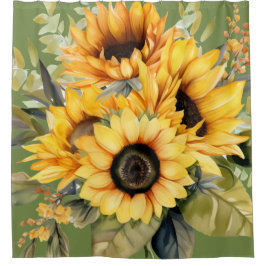 Rustic Watercolor Sunflowers Shower Curtain シャワーカーテン