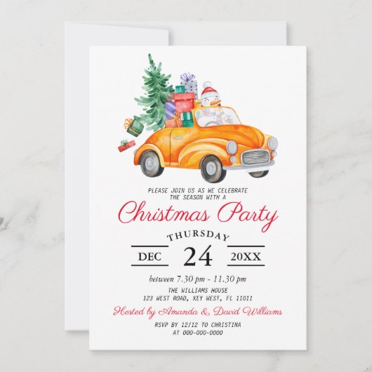 Rustic Watercolor Truck Christmas Party Invitation 招待状 (正面)