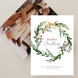 Rustic Watercolor Winter Wreath Christmas Photo シーズンカード