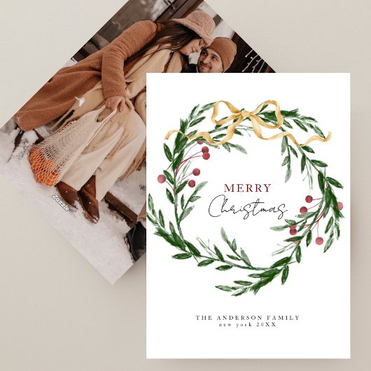 Rustic Watercolor Winter Wreath Christmas Photo シーズンカード