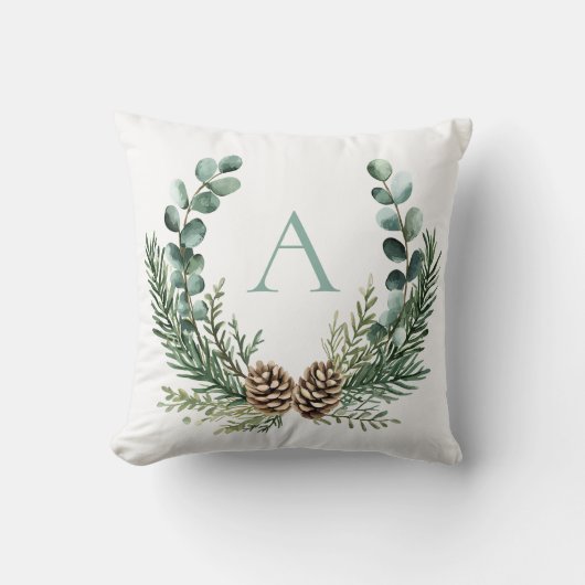 Rustic Watercolor Wreath Personalized Christmas クッション (正面)
