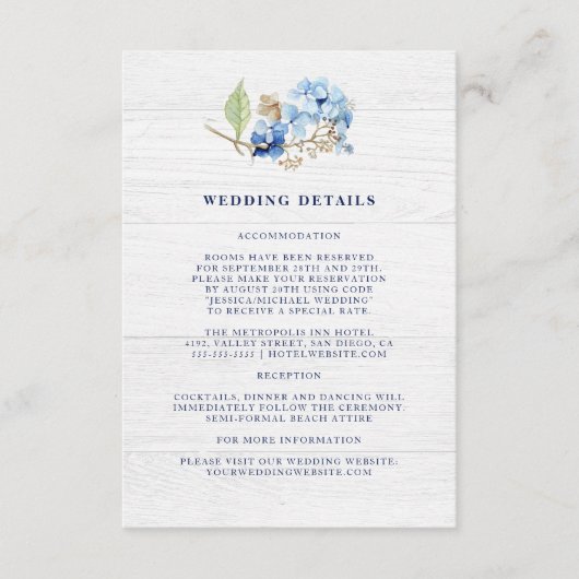 Rustic Watercolour Floral Hydrangea Wedding Detail エンクロージャーカード (正面)