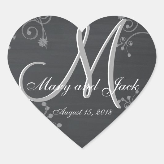 Rustic Wedding Chalkboard Fantastic 3d Monogram ハートシール (正面)