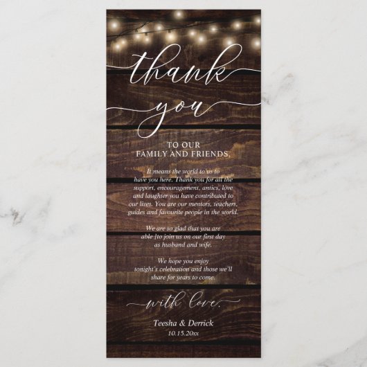 Rustic Wedding Dinner Place Setting Thank You Card プログラム (正面)