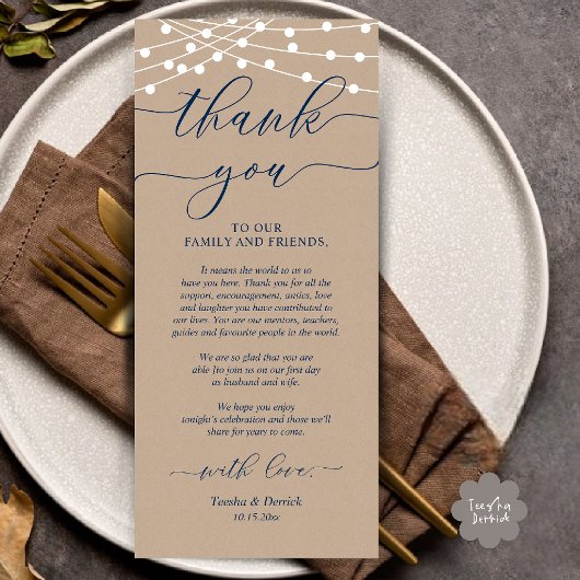 Rustic Wedding Dinner Place Setting Thank You Card プログラム