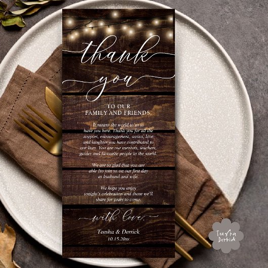 Rustic Wedding Dinner Place Setting Thank You Card プログラム