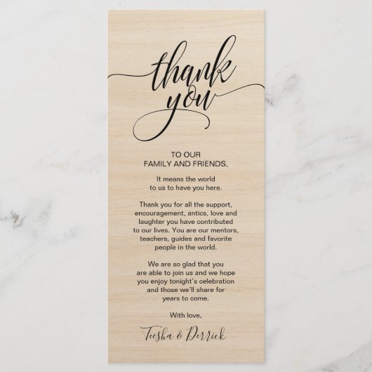Rustic Wedding Dinner Thank you Place Setting Card プログラム (正面)