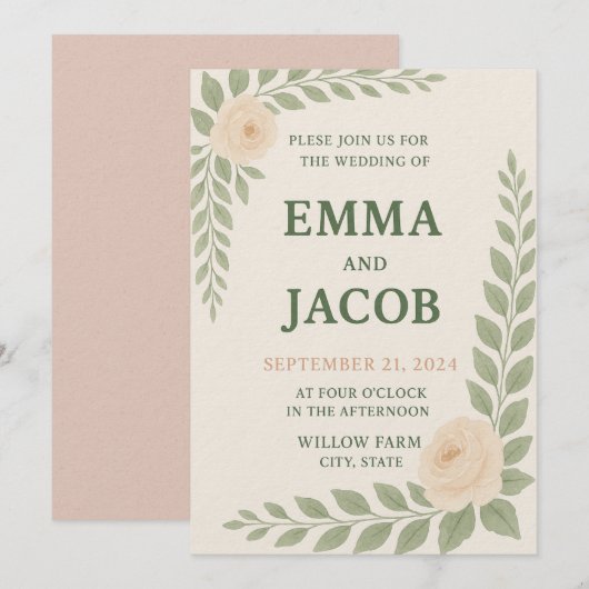 Rustic Wedding Invitation - Sage and Blush 招待状 (正面/裏面)