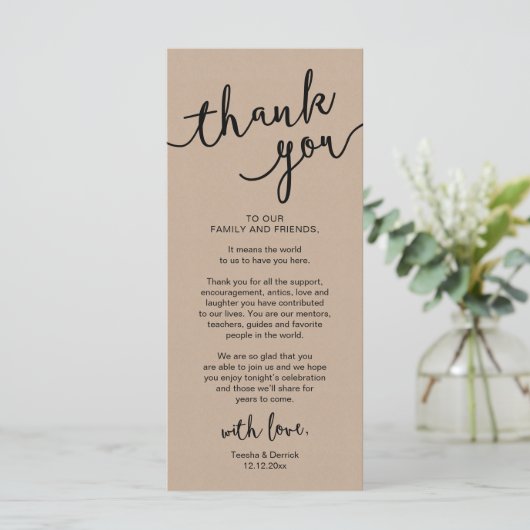 Rustic Wedding Place Setting Dinner Thank you Card プログラム (スタンド正面)