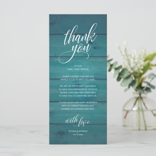 Rustic Wedding Rehearsal Dinner Thank You Card プログラム (スタンド正面)