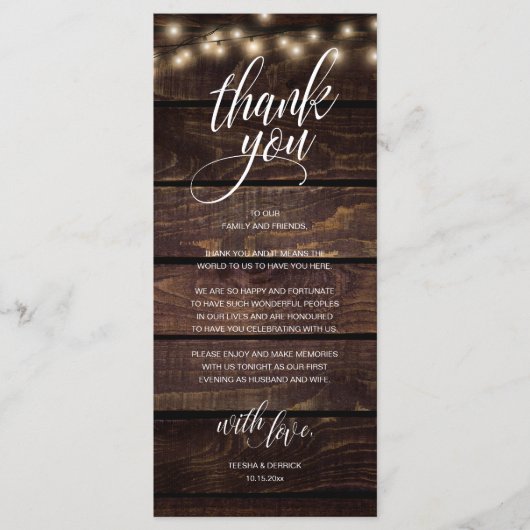 Rustic Wedding Rehearsal Dinner Thank You Card プログラム (正面)