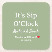 Rustic Wedding Sage Green It’s Sip O’Clock Custom スクエアペーパーコースター (正面)