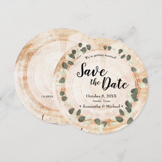 Rustic wedding Wood Eucalyptus leaf Save the date  招待状 (正面/裏面)