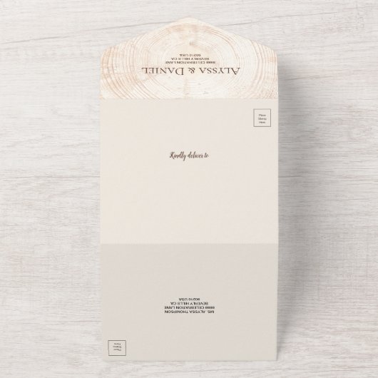 Rustic Wedding wood Tree bark rings Unique オールインワン招待状 (外側)