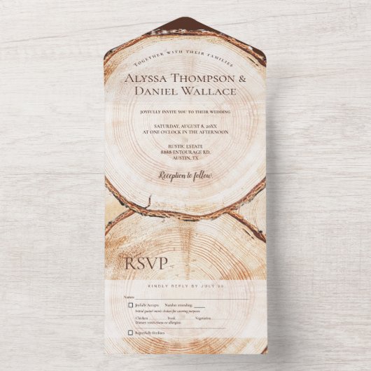 Rustic Wedding wood Tree bark rings Unique オールインワン招待状 (内側)