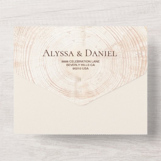 Rustic Wedding wood Tree bark rings Unique オールインワン招待状 (裏面)