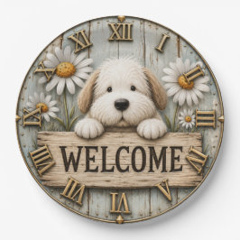 Rustic Welcome Puppy with Daisies Farmhouse ペーパープレート