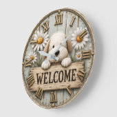 Rustic Welcome Puppy with Daisies Farmhouse ラージ壁時計 (傾斜)