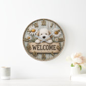 Rustic Welcome Puppy with Daisies Farmhouse ラージ壁時計 (ホーム)