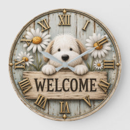 Rustic Welcome Puppy with Daisies Farmhouse ラージ壁時計
