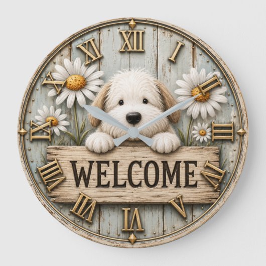 Rustic Welcome Puppy with Daisies Farmhouse ラージ壁時計 (正面)
