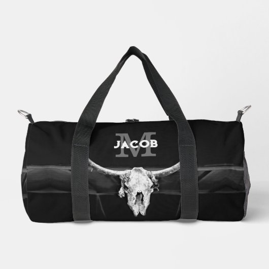 Rustic Western Black And White Bull Skull Monogram ダッフルバッグ (正面)