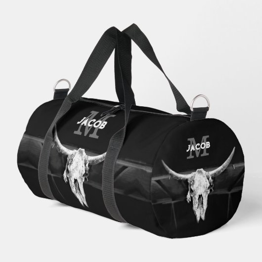 Rustic Western Black And White Bull Skull Monogram ダッフルバッグ (左コーナー)