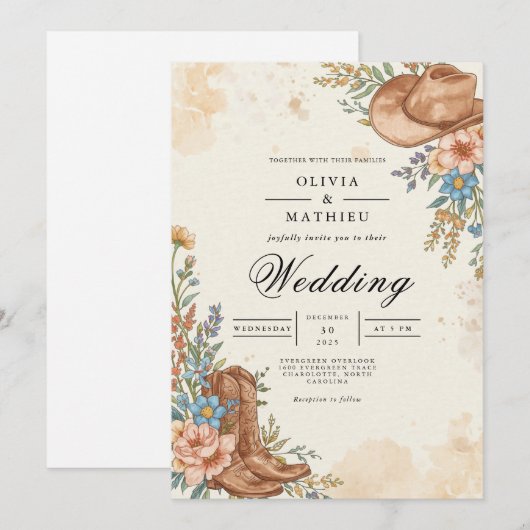 Rustic Western Bloom Flourish Wedding 招待状 (正面/裏面)