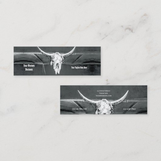 Rustic Western Charcoal Grey White Bull Cow Skull スキニー名刺 (正面/裏面)