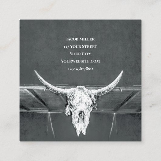 Rustic Western Charcoal Grey White Bull Cow Skull スクエア名刺 (裏面)